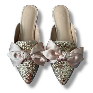 Crown & Ivy Elise Glitter Bow Mule Flats 6 Balletcore Soft Glam Dressy Chic